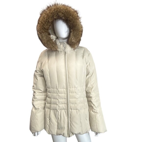 Calvin Klein Womens Beige Puffer Jacket L Faux Fur Hood Warm Polyester Duck Down - Picture 1 of 9
